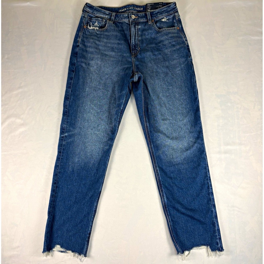 American Eagle NWT Women's Mom Jeans Strigid Super High Rise Blue Distressed 12